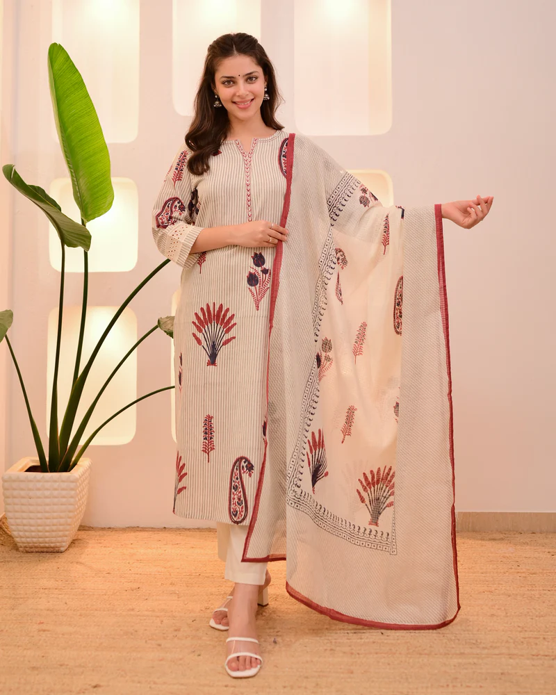 Ivory Green Lotus Striped Cotton Suit